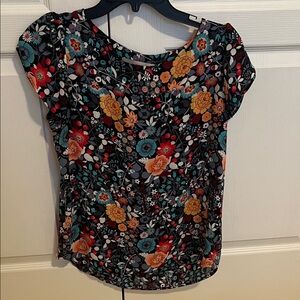 LOFT Floral Blouse - Black, Orange, Blue